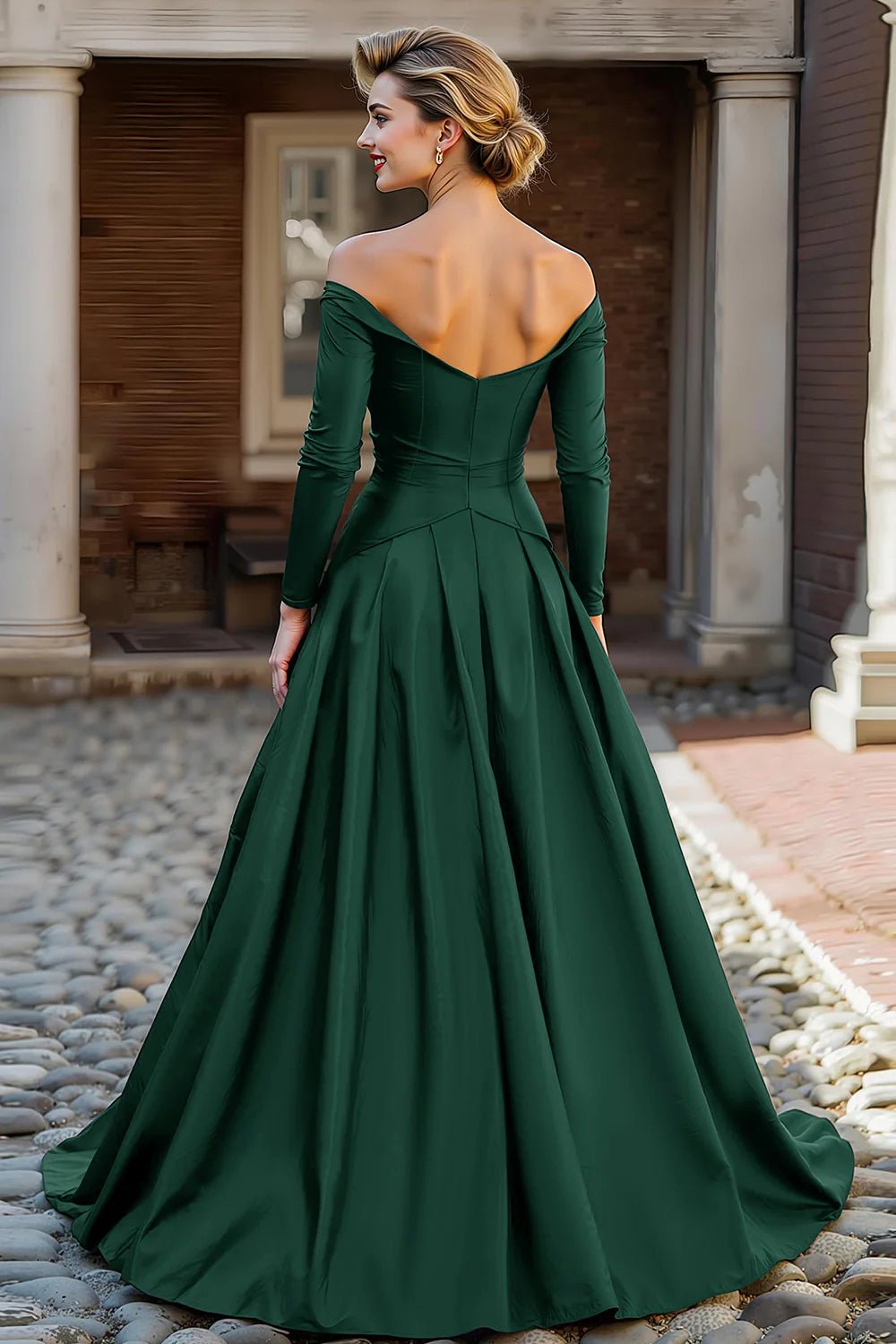 Elegant Off-the-Shoulder Long Sleeve Ruched Satin Ball Gown Mother of the Bride Dress