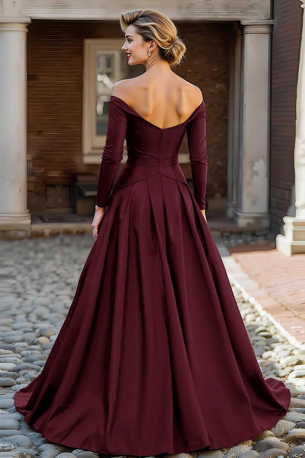Elegant Off-the-Shoulder Long Sleeve Ruched Satin Ball Gown Mother of the Bride Dress