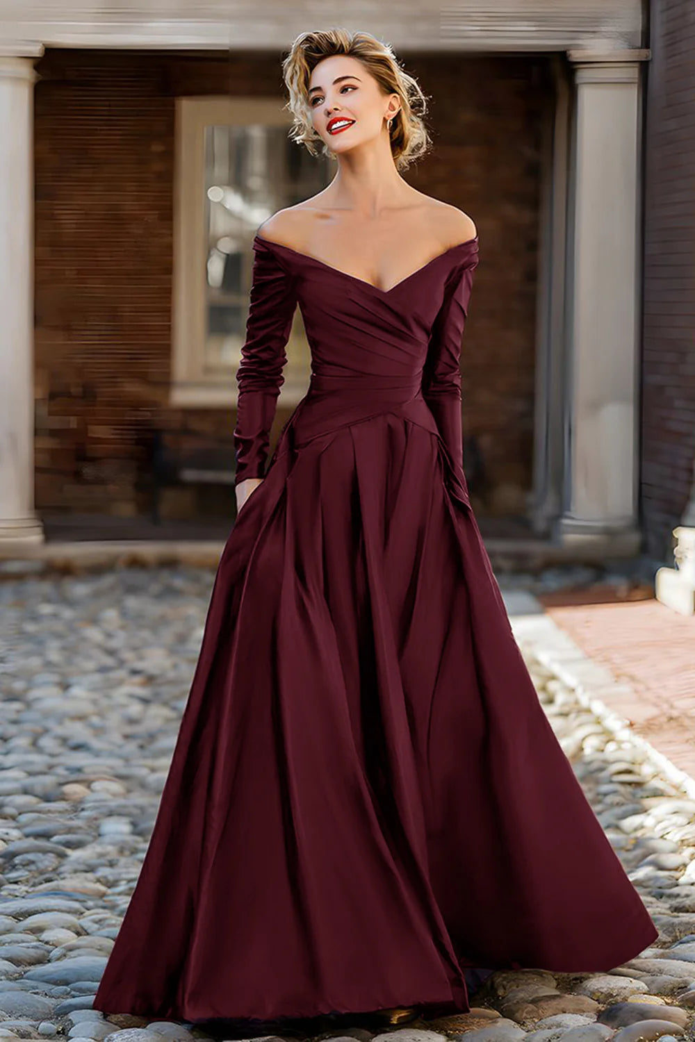 Elegant Off-the-Shoulder Long Sleeve Ruched Satin Ball Gown Mother of the Bride Dress