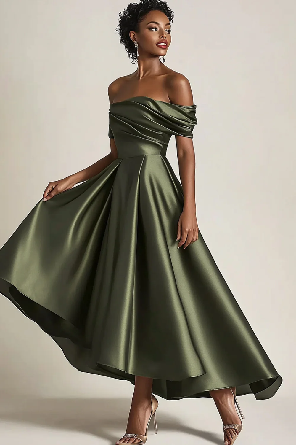 Elegant Off-the-Shoulder Ruched Satin High-Low Ball Gown Mother of the Bride Dress