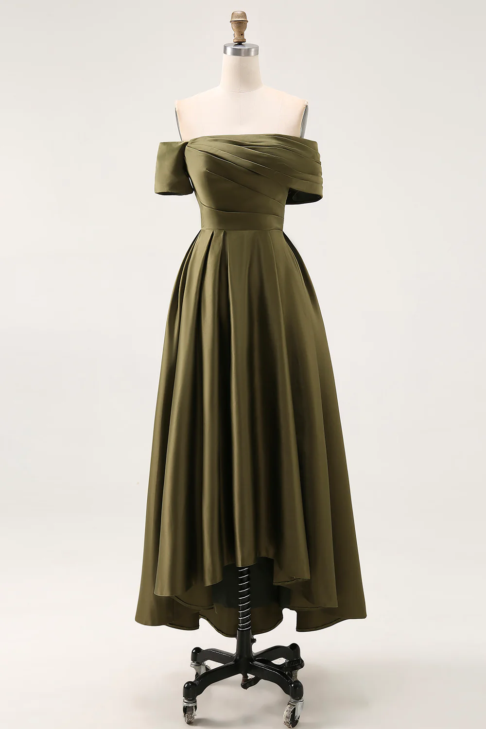 Elegant Off-the-Shoulder Ruched Satin High-Low Ball Gown Mother of the Bride Dress