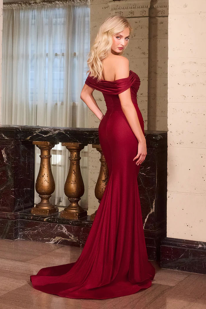Elegant Off-the-Shoulder Satin Beaded Ruched Waist Mermaid Train Prom Dress