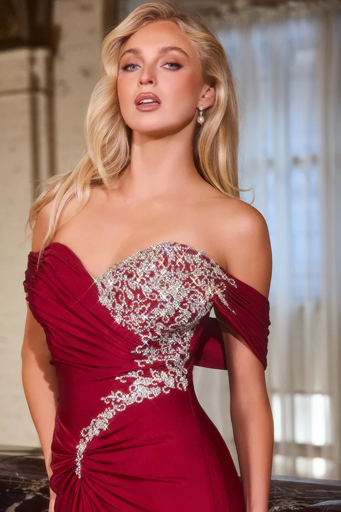Elegant Off-the-Shoulder Satin Beaded Ruched Waist Mermaid Train Prom Dress