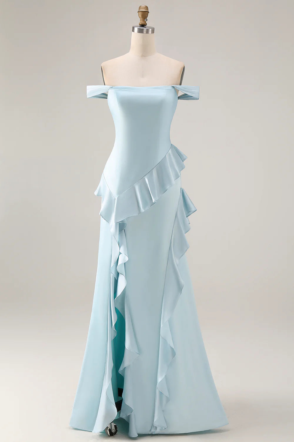 Elegant Off-the-Shoulder Satin Evening Dress with Cascading Ruffle Trim