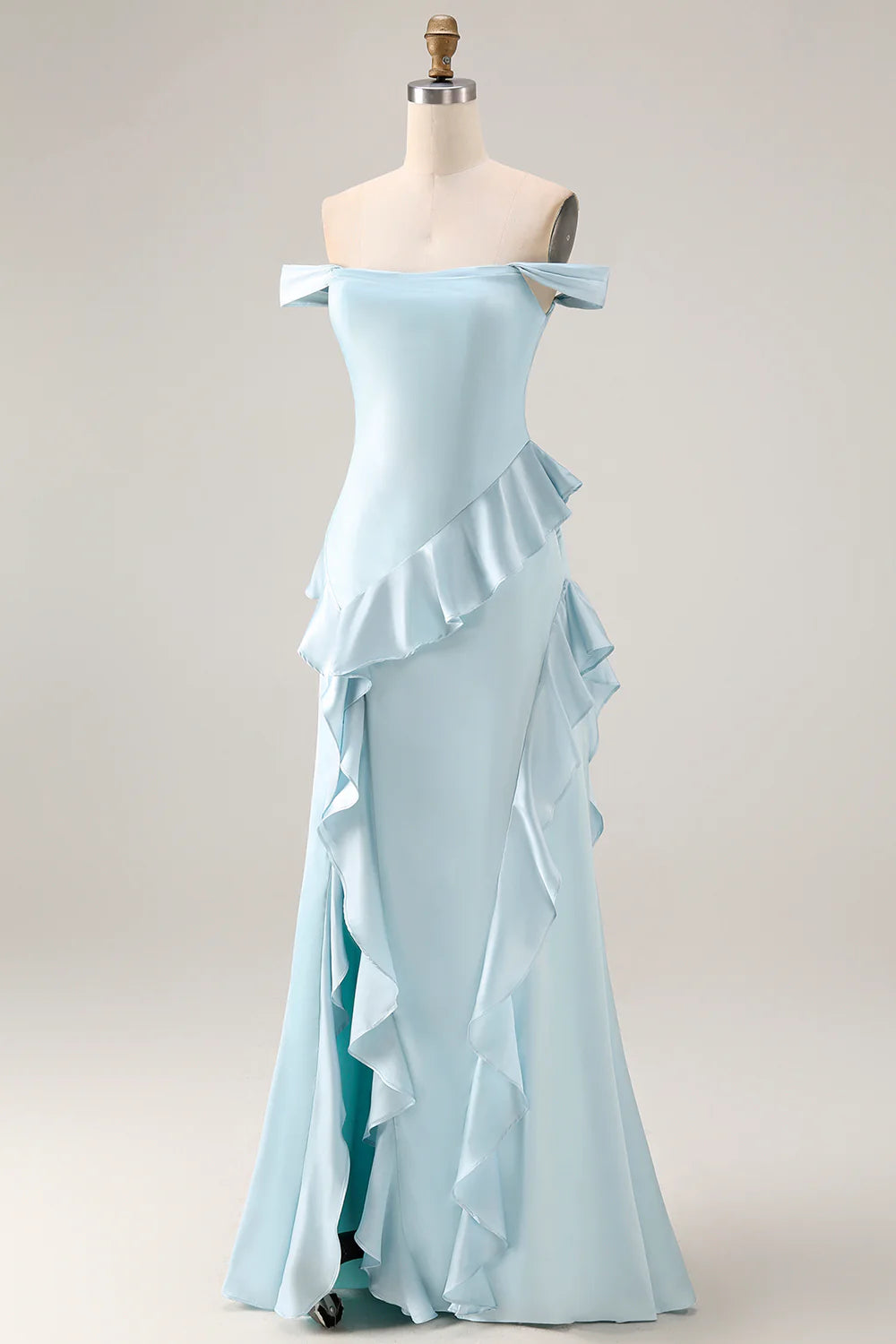 Elegant Off-the-Shoulder Satin Evening Dress with Cascading Ruffle Trim