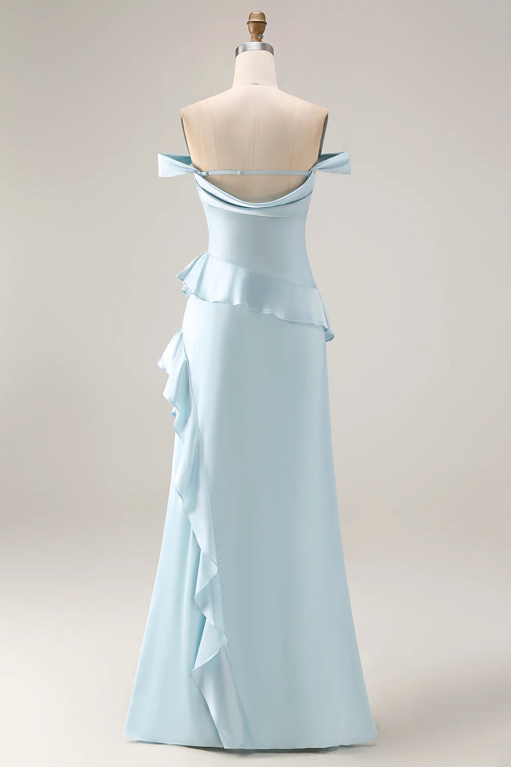 Elegant Off-the-Shoulder Satin Evening Dress with Cascading Ruffle Trim