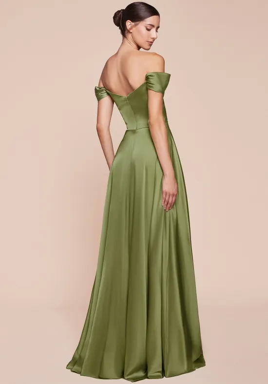 Elegant Olive Green Satin Off-the-Shoulder A-Line Floor-Length Bridesmaid Dress