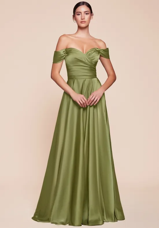 Elegant Olive Green Satin Off-the-Shoulder A-Line Floor-Length Bridesmaid Dress