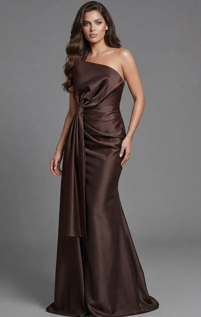 Elegant One-Shoulder Evening Dresses with Draped Sash Detail, Back Slit Design and Lustrous Satin Mermaid Maxi Silhouette Formal Gown