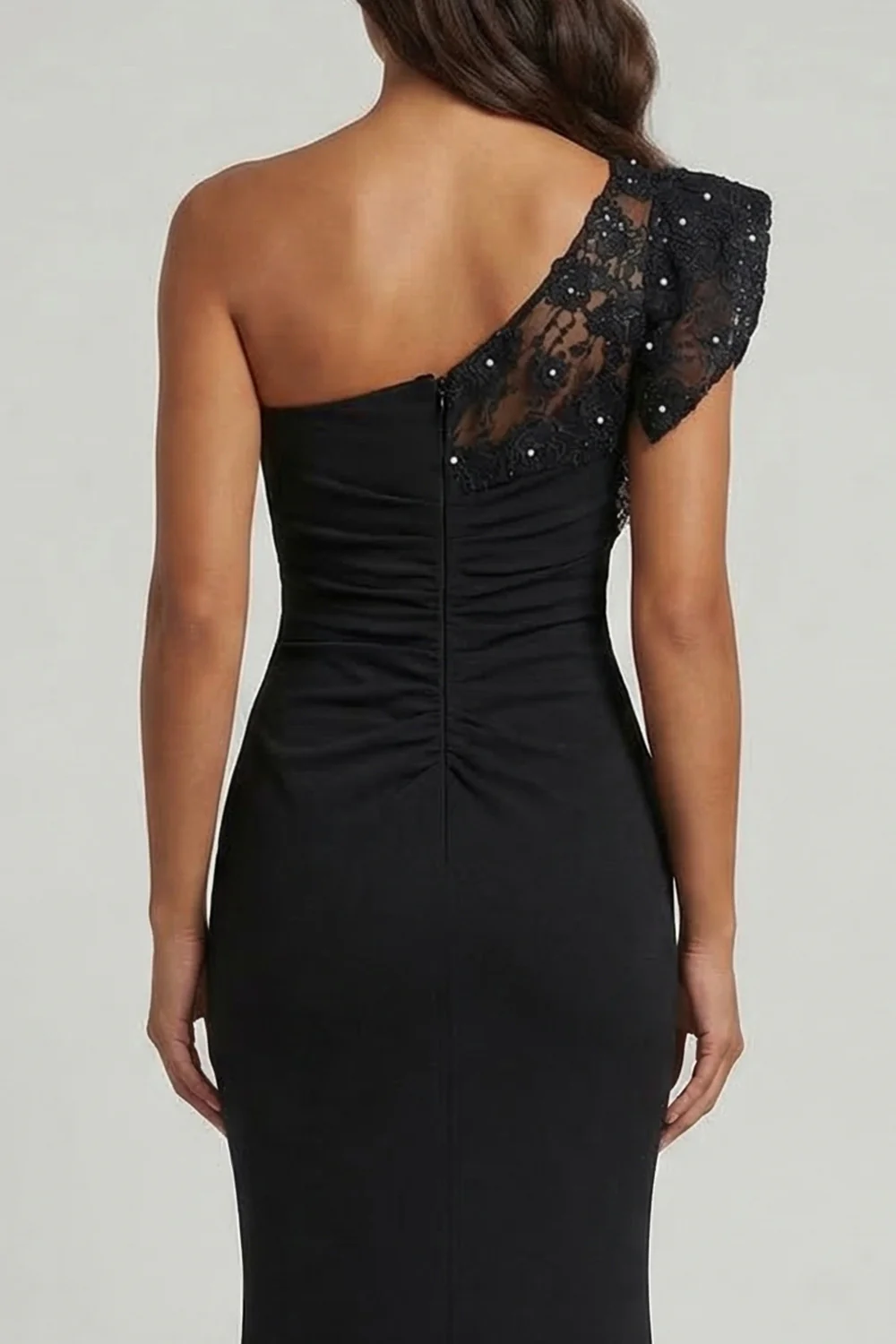Elegant One-Shoulder Lace Puff Sleeve Ruched Mermaid Mother of the Bride Dress