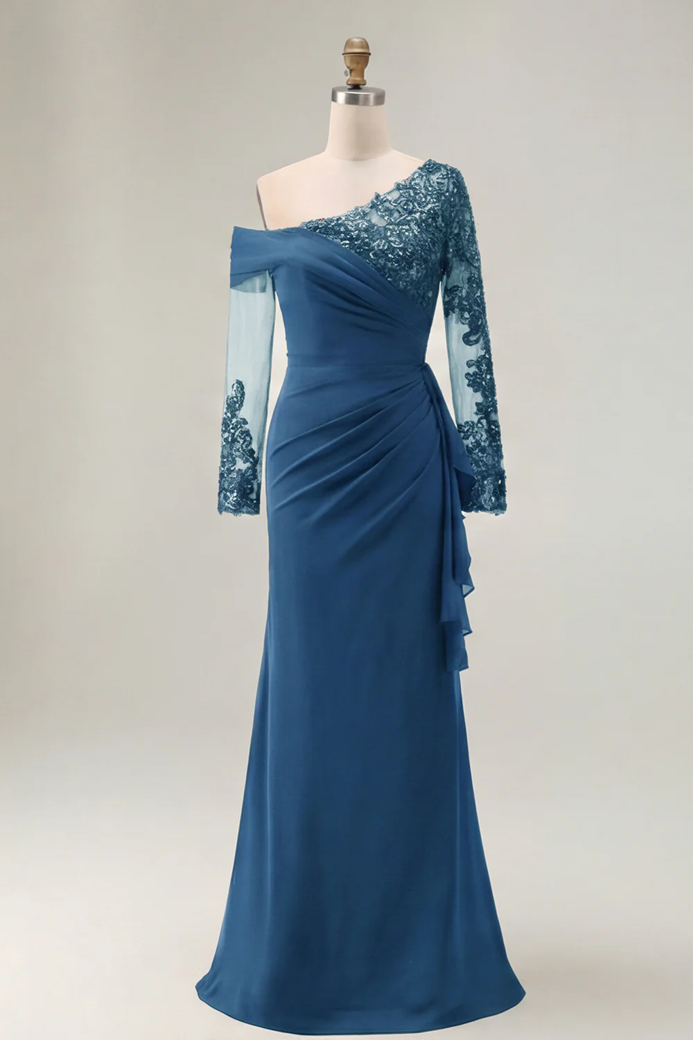 Elegant One-Shoulder Sheer Long Sleeve Lace Applique Ruched Mermaid Mother of the Bride Dress