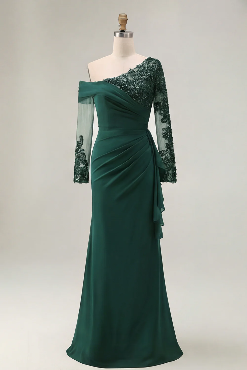 Elegant One-Shoulder Sheer Long Sleeve Lace Applique Ruched Mermaid Mother of the Bride Dress