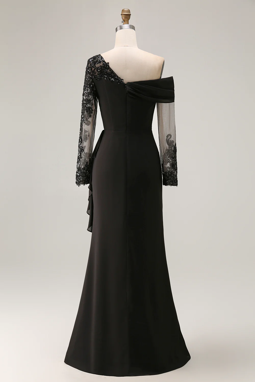 Elegant One-Shoulder Sheer Long Sleeve Lace Applique Ruched Mermaid Mother of the Bride Dress