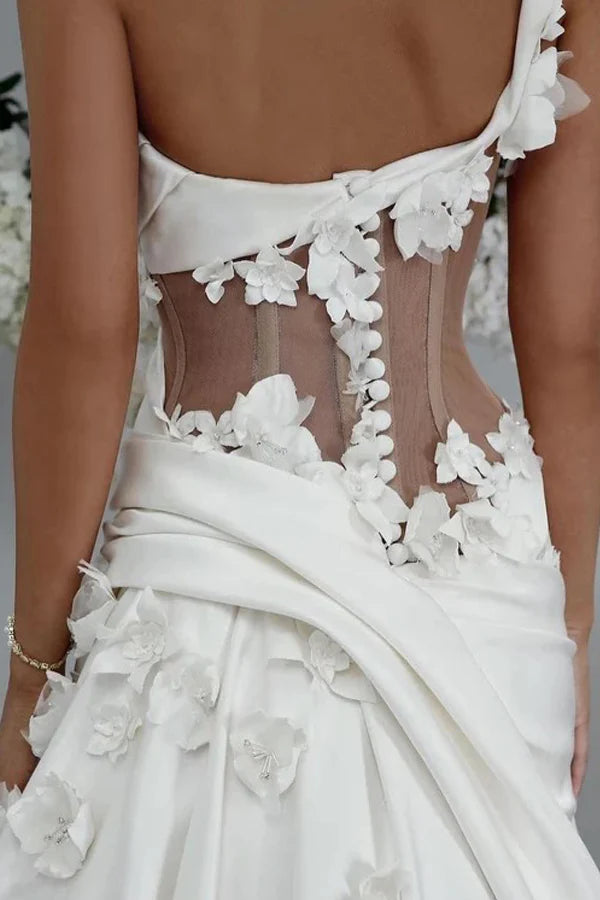 Elegant One Shoulder Applique Satin Ivory Wedding Dress