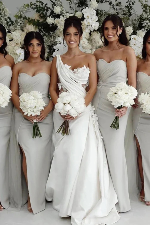 Elegant One Shoulder Applique Satin Ivory Wedding Dress