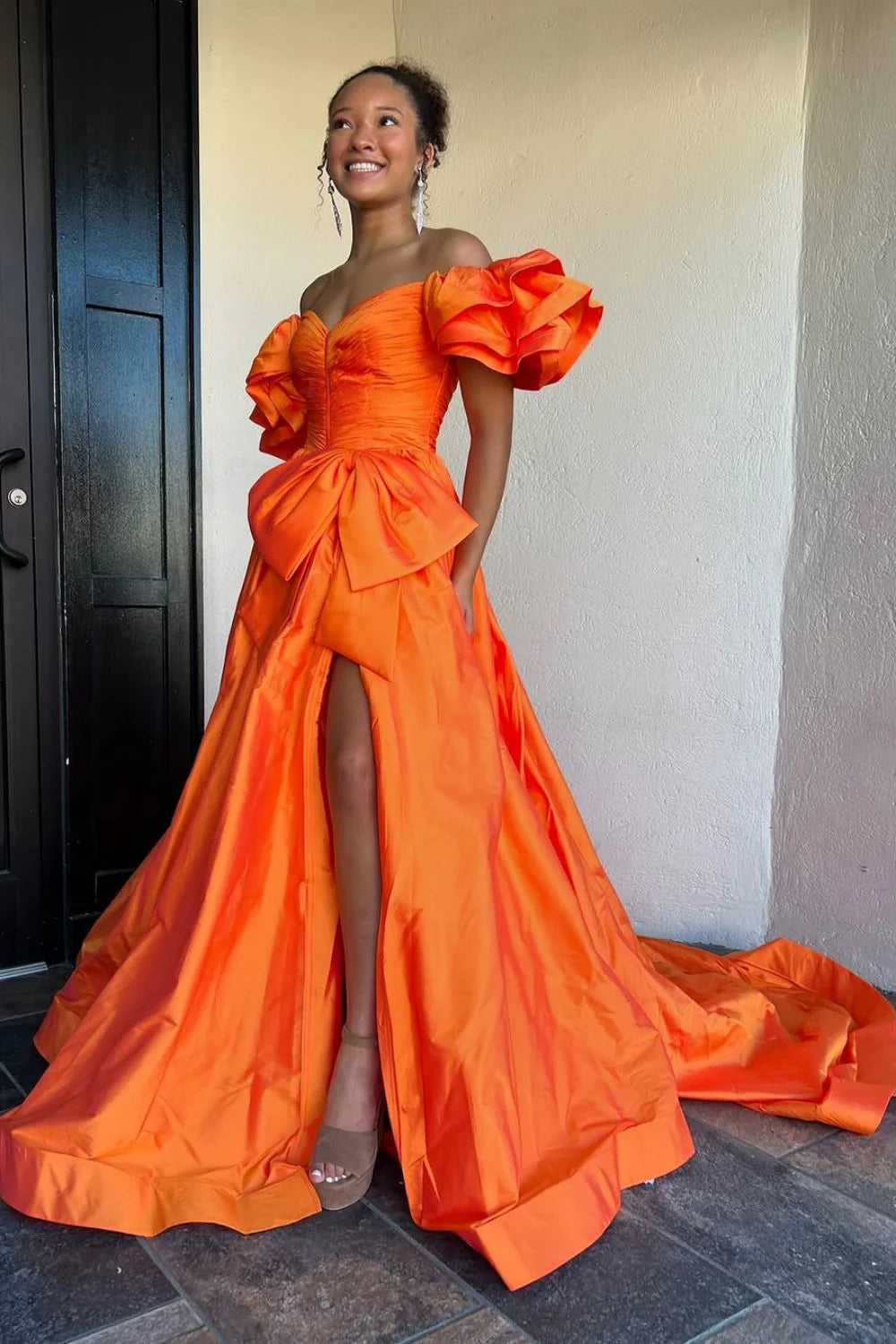 Elegant Orange A-Line Off The Shoulder Long Satin Prom Dress