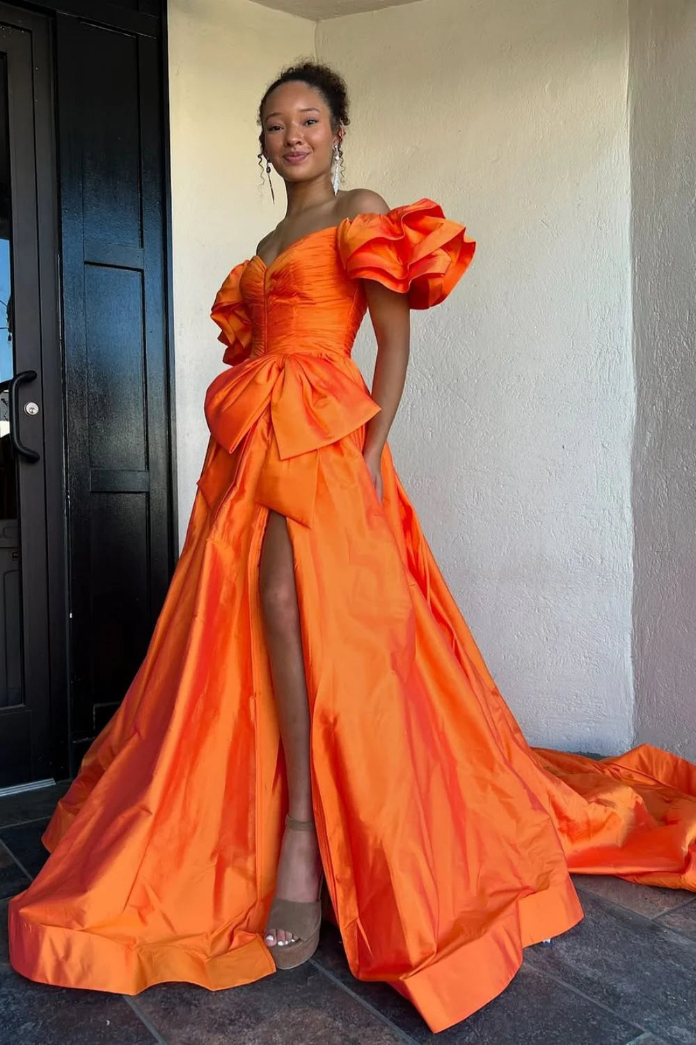 Elegant Orange A-Line Off The Shoulder Long Satin Prom Dress