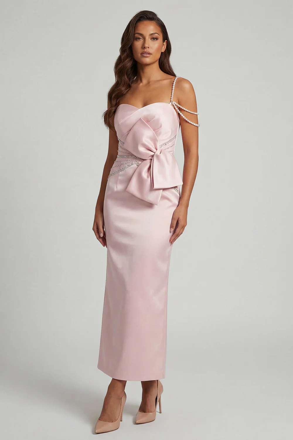 Elegant Pearl Strap Satin Bow Waist Crystal Embellished Midi Mother of the Bride Dress