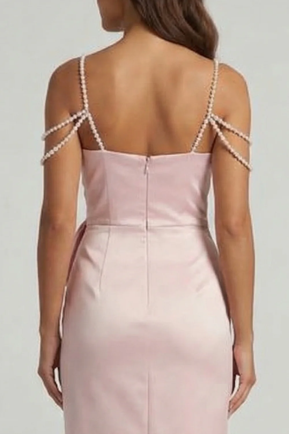 Elegant Pearl Strap Satin Bow Waist Crystal Embellished Midi Mother of the Bride Dress