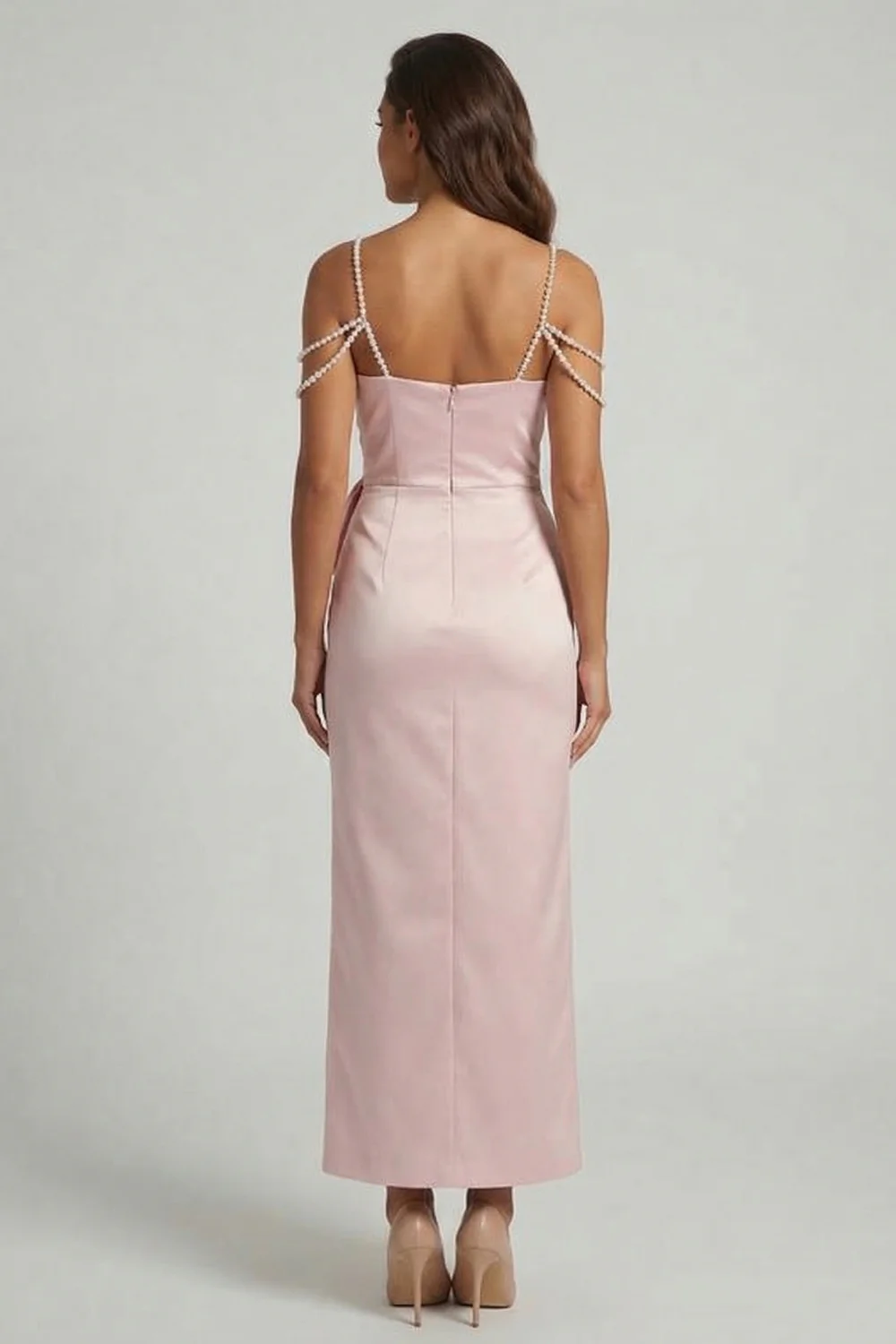 Elegant Pearl Strap Satin Bow Waist Crystal Embellished Midi Mother of the Bride Dress