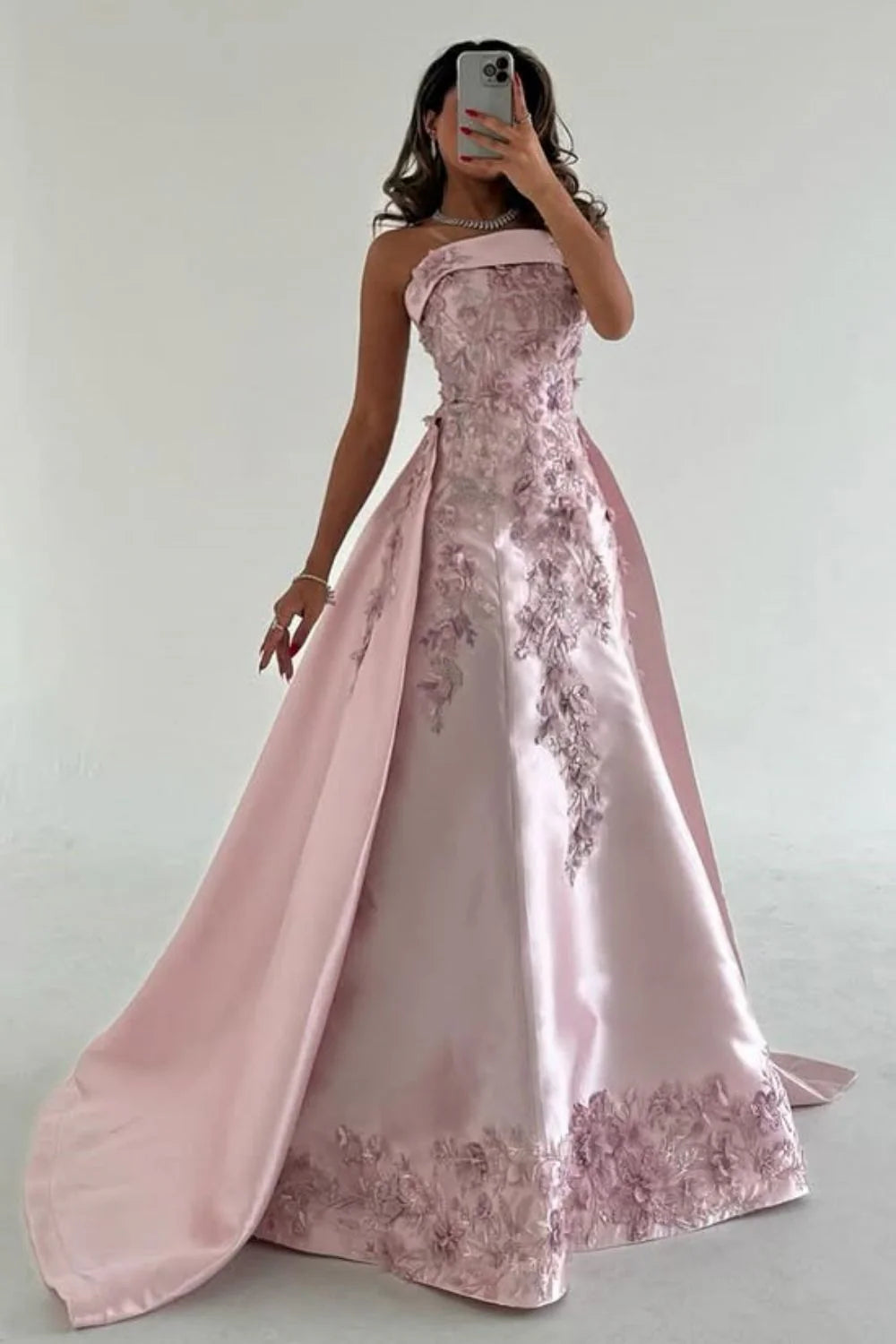 Elegant Pink A-Line Strapless Satin Full Of Charm Prom Dress