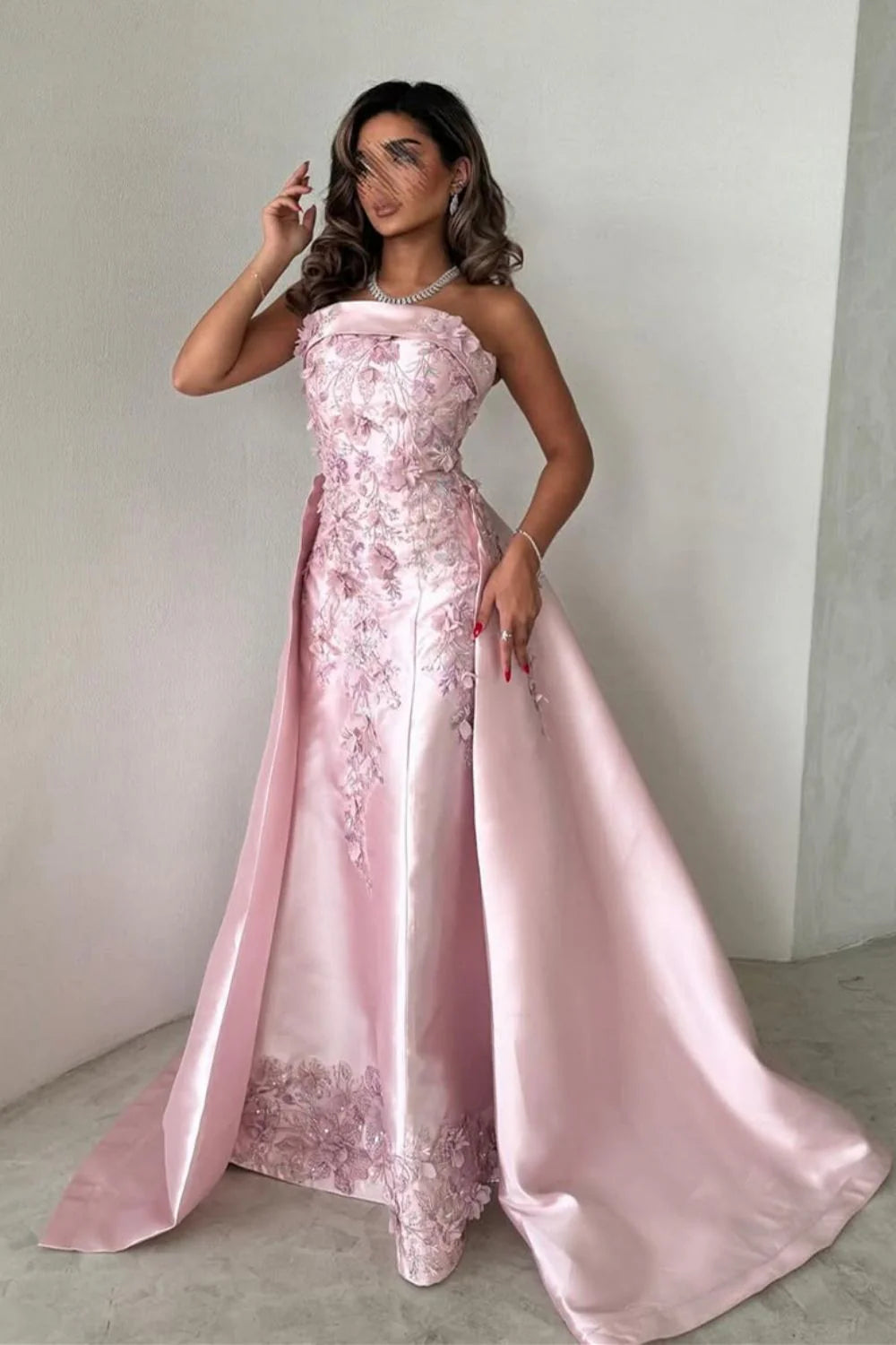 Elegant Pink A-Line Strapless Satin Full Of Charm Prom Dress