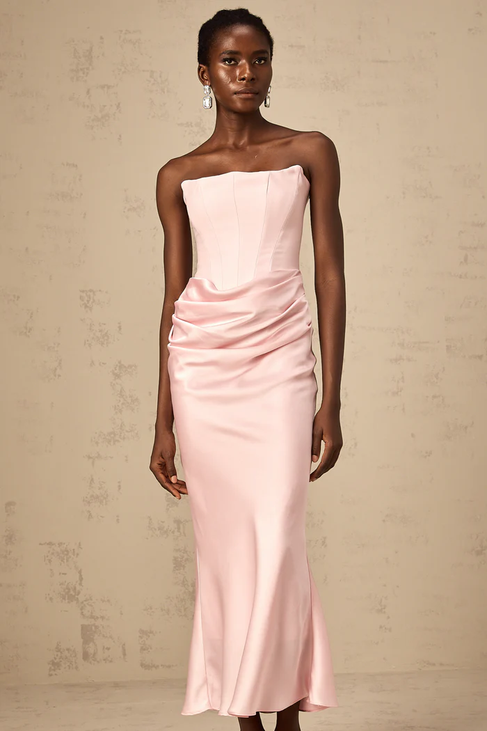 Elegant Pink Satin Strapless Mermaid Back Zip Ankle Length Evening Dresses