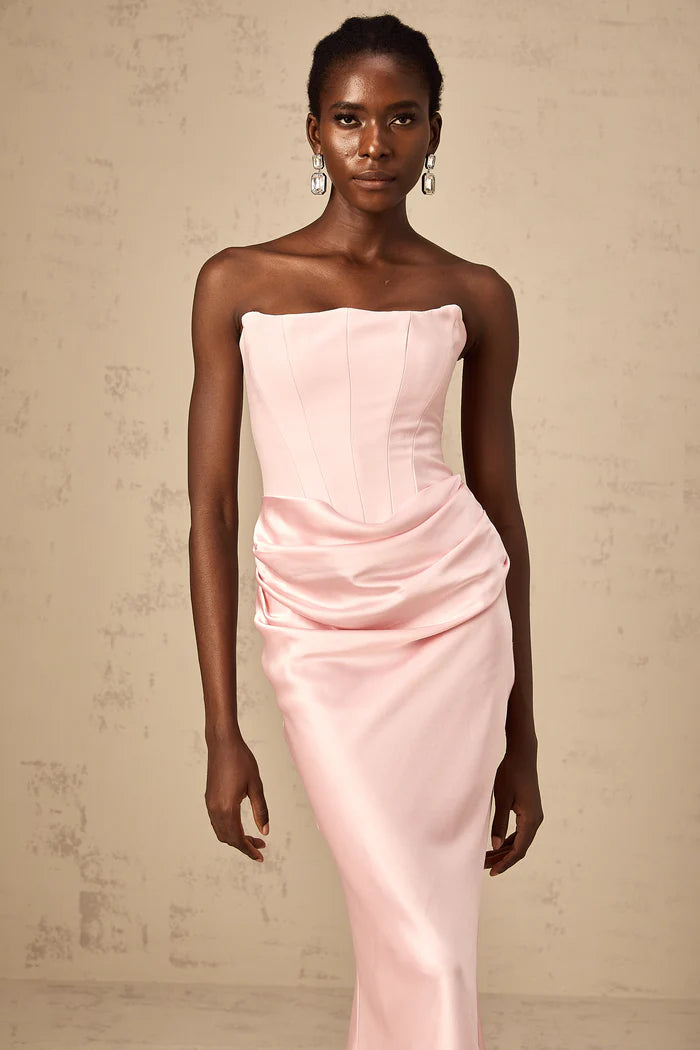 Elegant Pink Satin Strapless Mermaid Back Zip Ankle Length Evening Dresses