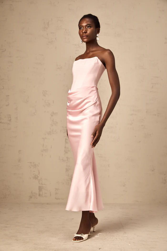Elegant Pink Satin Strapless Mermaid Back Zip Ankle Length Evening Dresses