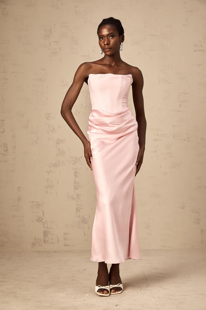 Elegant Pink Satin Strapless Mermaid Back Zip Ankle Length Evening Dresses