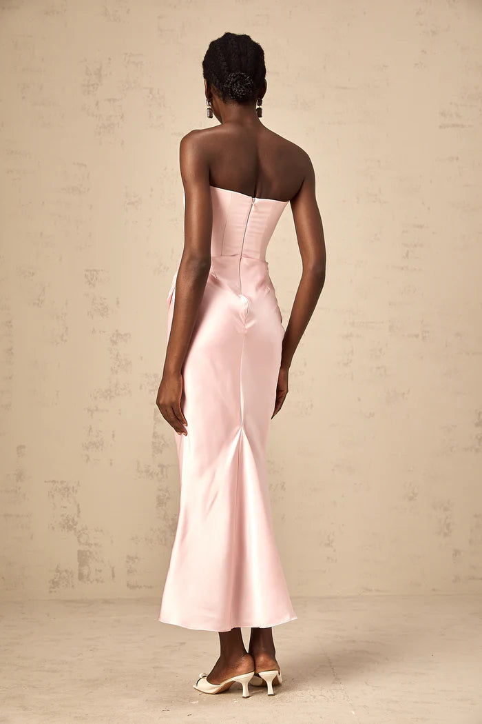 Elegant Pink Satin Strapless Mermaid Back Zip Ankle Length Evening Dresses