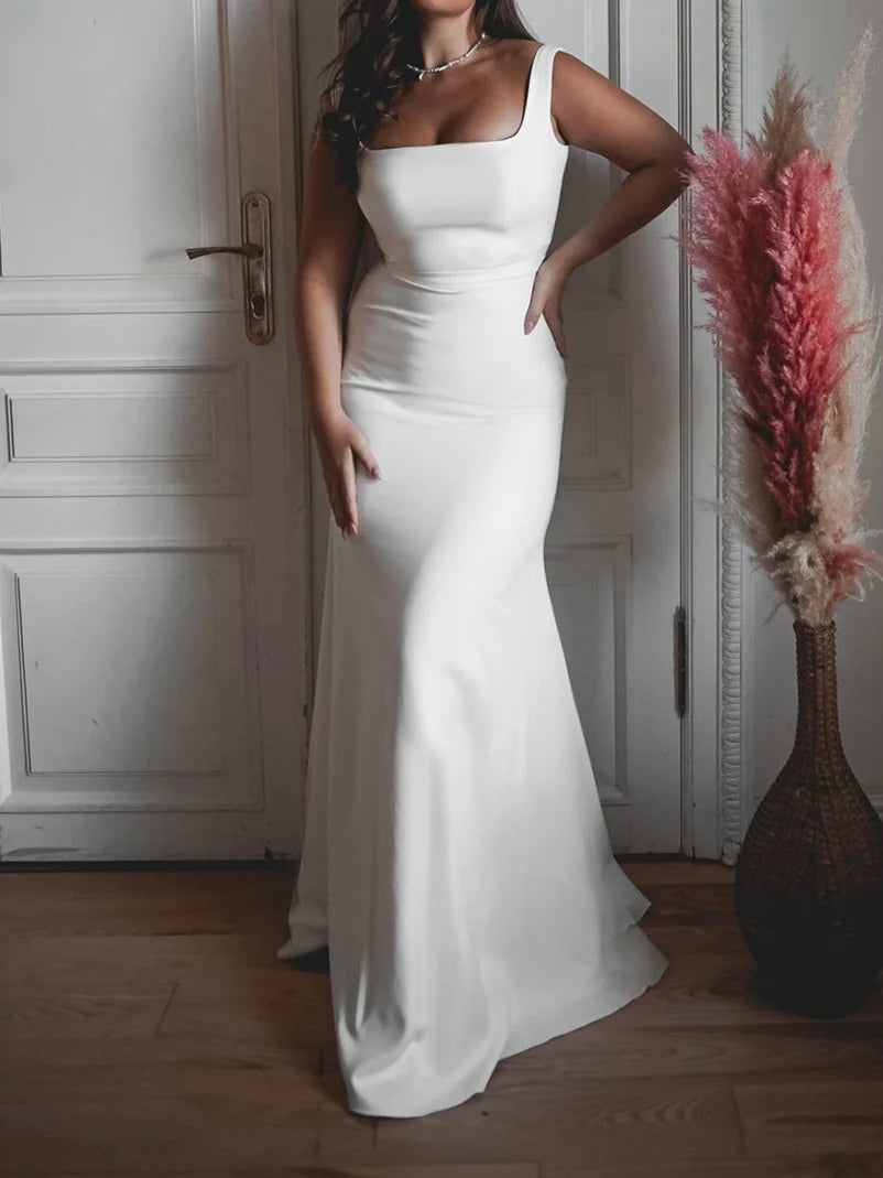 Elegant Plus-Size Square Neck Satin Mermaid Wedding Dress with Low Back & Zipper Closure