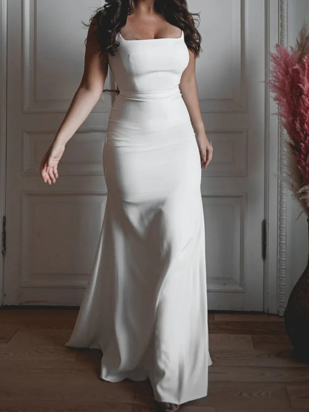 Elegant Plus-Size Square Neck Satin Mermaid Wedding Dress with Low Back & Zipper Closure