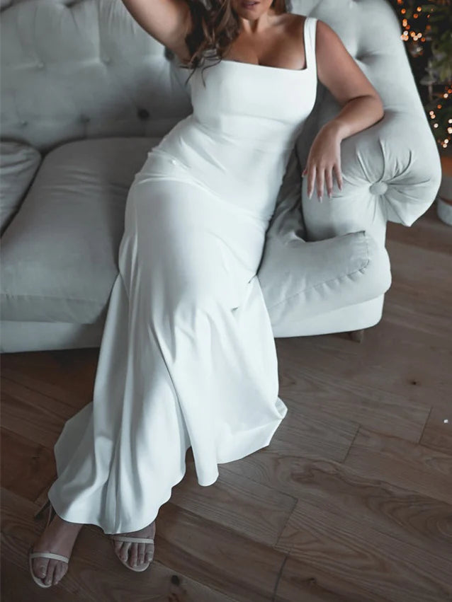 Elegant Plus-Size Square Neck Satin Mermaid Wedding Dress with Low Back & Zipper Closure