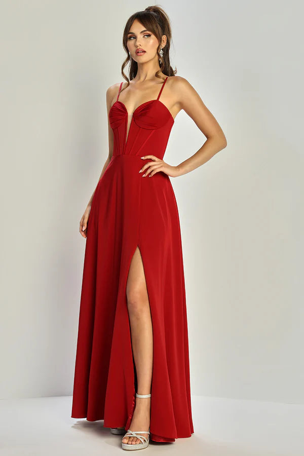 Elegant Red A Line Sweetheart Spaghetti Straps Corset Back High Slit Floor Length Evening Dress