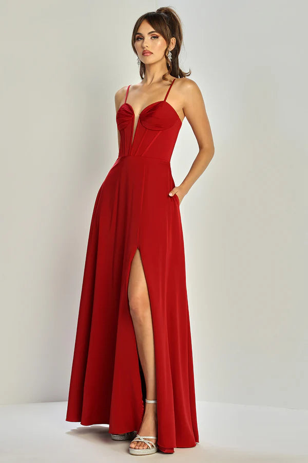 Elegant Red A Line Sweetheart Spaghetti Straps Corset Back High Slit Floor Length Evening Dress