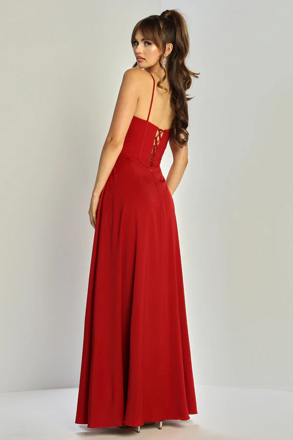 Elegant Red A Line Sweetheart Spaghetti Straps Corset Back High Slit Floor Length Evening Dress