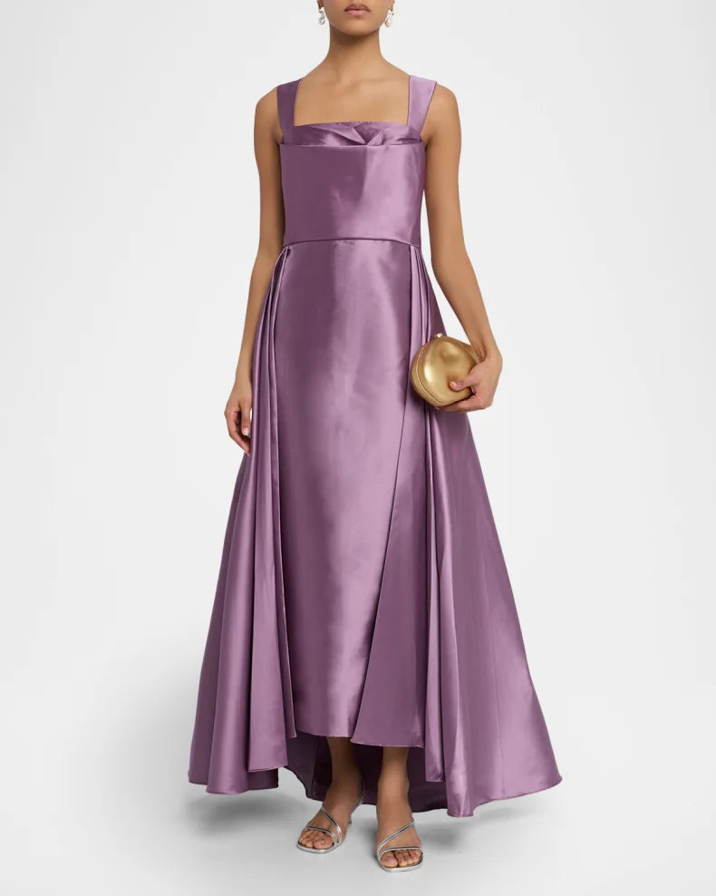 Elegant Refined Orchid Purple Satin Ball Gown Silhouette Square Neck Wide Straps High-Low Hem Floor-Length Evening Dress