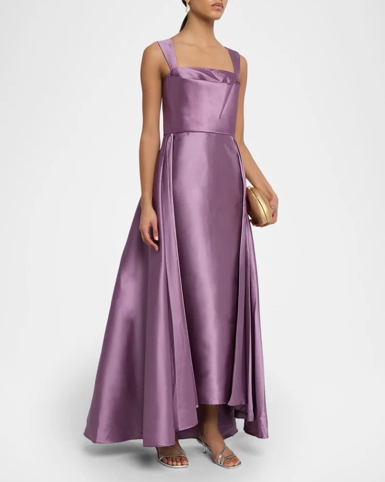 Elegant Refined Orchid Purple Satin Ball Gown Silhouette Square Neck Wide Straps High-Low Hem Floor-Length Evening Dress
