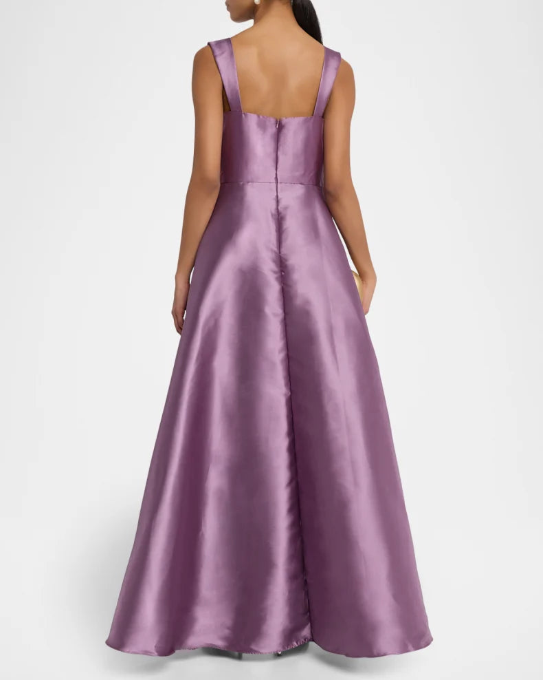 Elegant Refined Orchid Purple Satin Ball Gown Silhouette Square Neck Wide Straps High-Low Hem Floor-Length Evening Dress