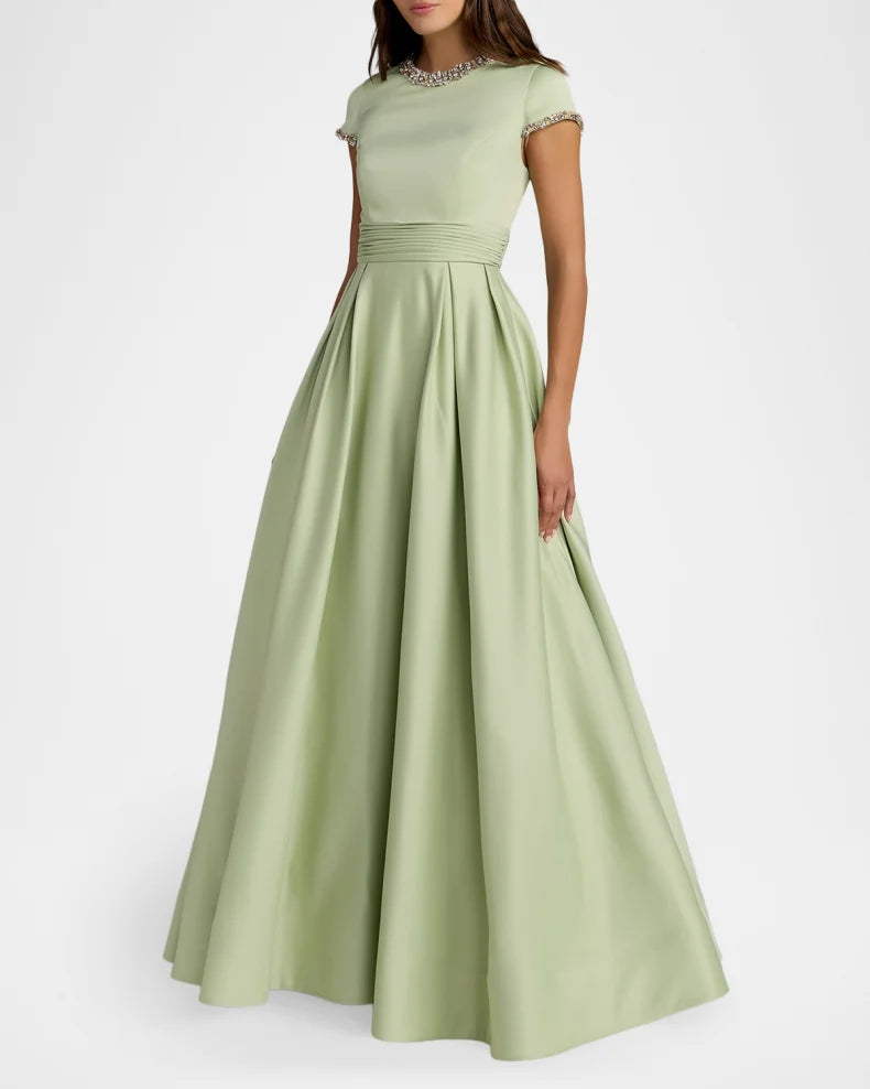 Elegant Refined Sage Green Satin A-Line Silhouette Round Neck Short Sleeves Beaded Trim Ruched Waist Floor-Length Evening Dress