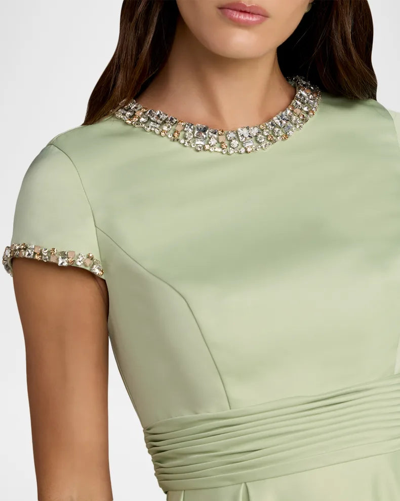 Elegant Refined Sage Green Satin A-Line Silhouette Round Neck Short Sleeves Beaded Trim Ruched Waist Floor-Length Evening Dress