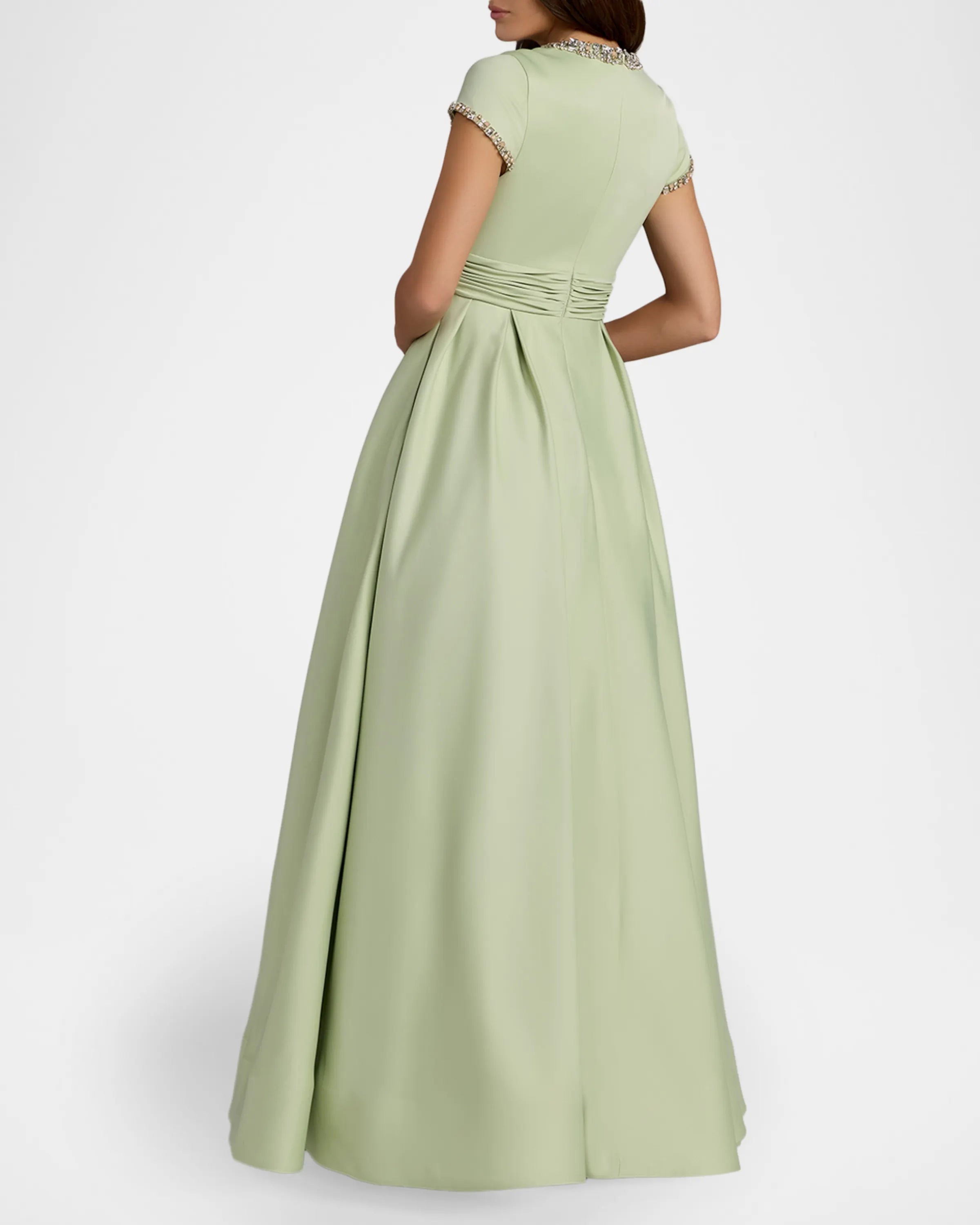 Elegant Refined Sage Green Satin A-Line Silhouette Round Neck Short Sleeves Beaded Trim Ruched Waist Floor-Length Evening Dress