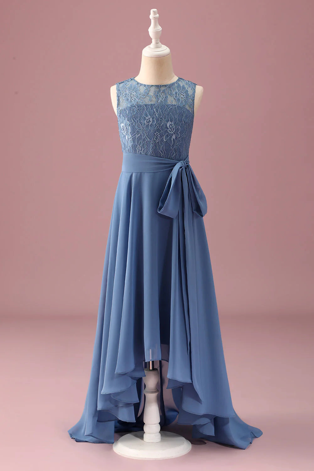 Elegant Romantic Delicate Flowy A-Line Round Neck Sleeveless Floral Lace Bodice Back Zipper High-Low Chiffon Evening Dress