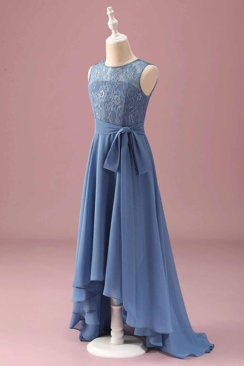 Elegant Romantic Delicate Flowy A-Line Round Neck Sleeveless Floral Lace Bodice Back Zipper High-Low Chiffon Evening Dress
