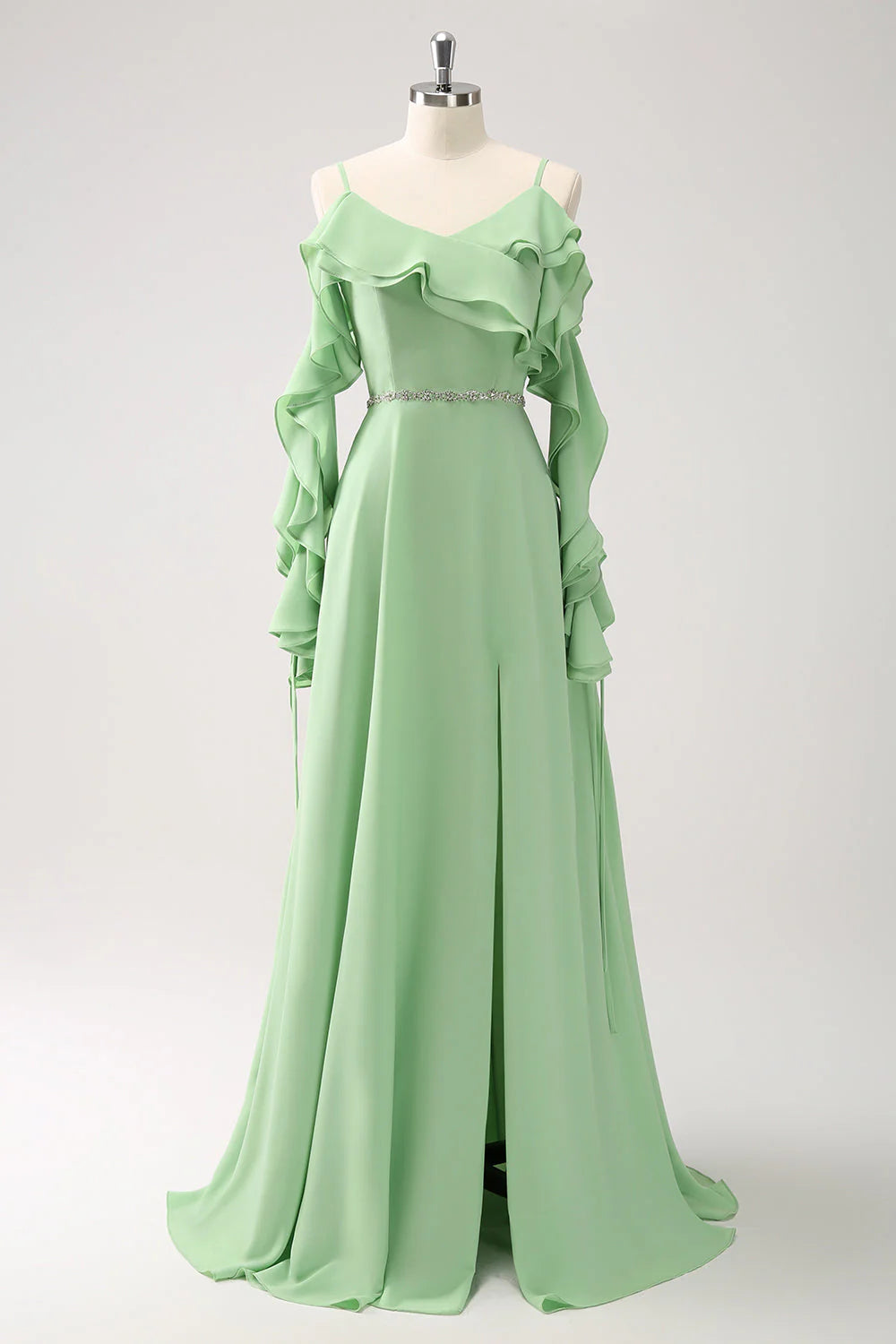 Elegant Romantic Fitted A-Line Cold Shoulder Long Sleeve Back Zipper Floor-Length Ruffled Evening Dresses