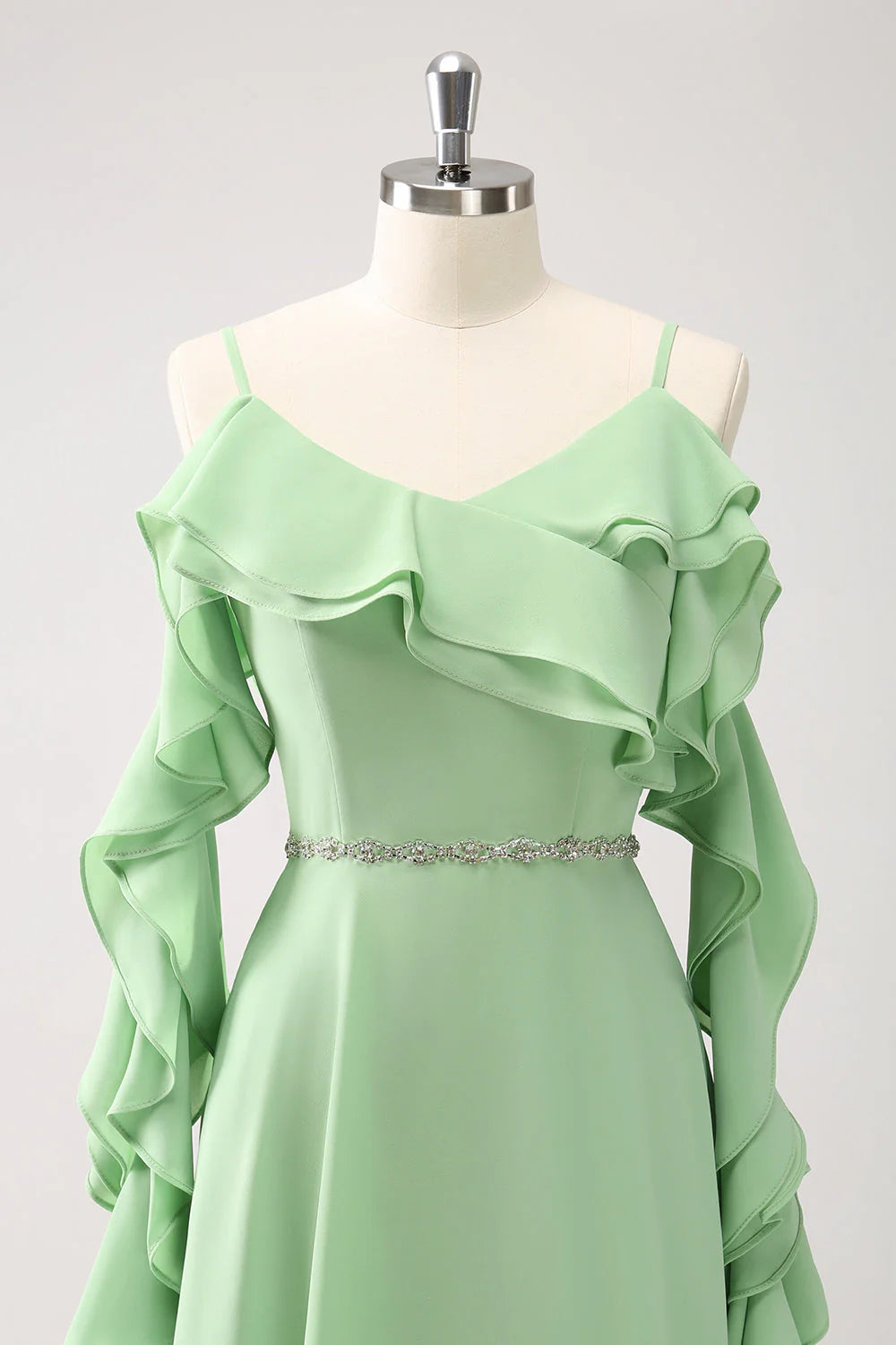 Elegant Romantic Fitted A-Line Cold Shoulder Long Sleeve Back Zipper Floor-Length Ruffled Evening Dresses