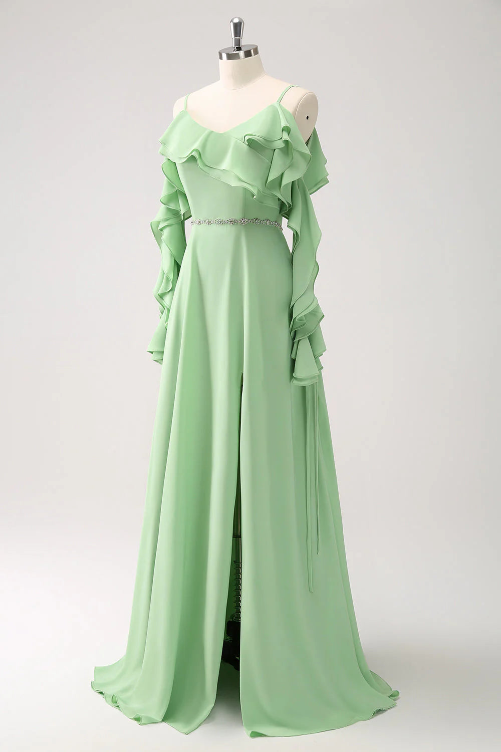 Elegant Romantic Fitted A-Line Cold Shoulder Long Sleeve Back Zipper Floor-Length Ruffled Evening Dresses