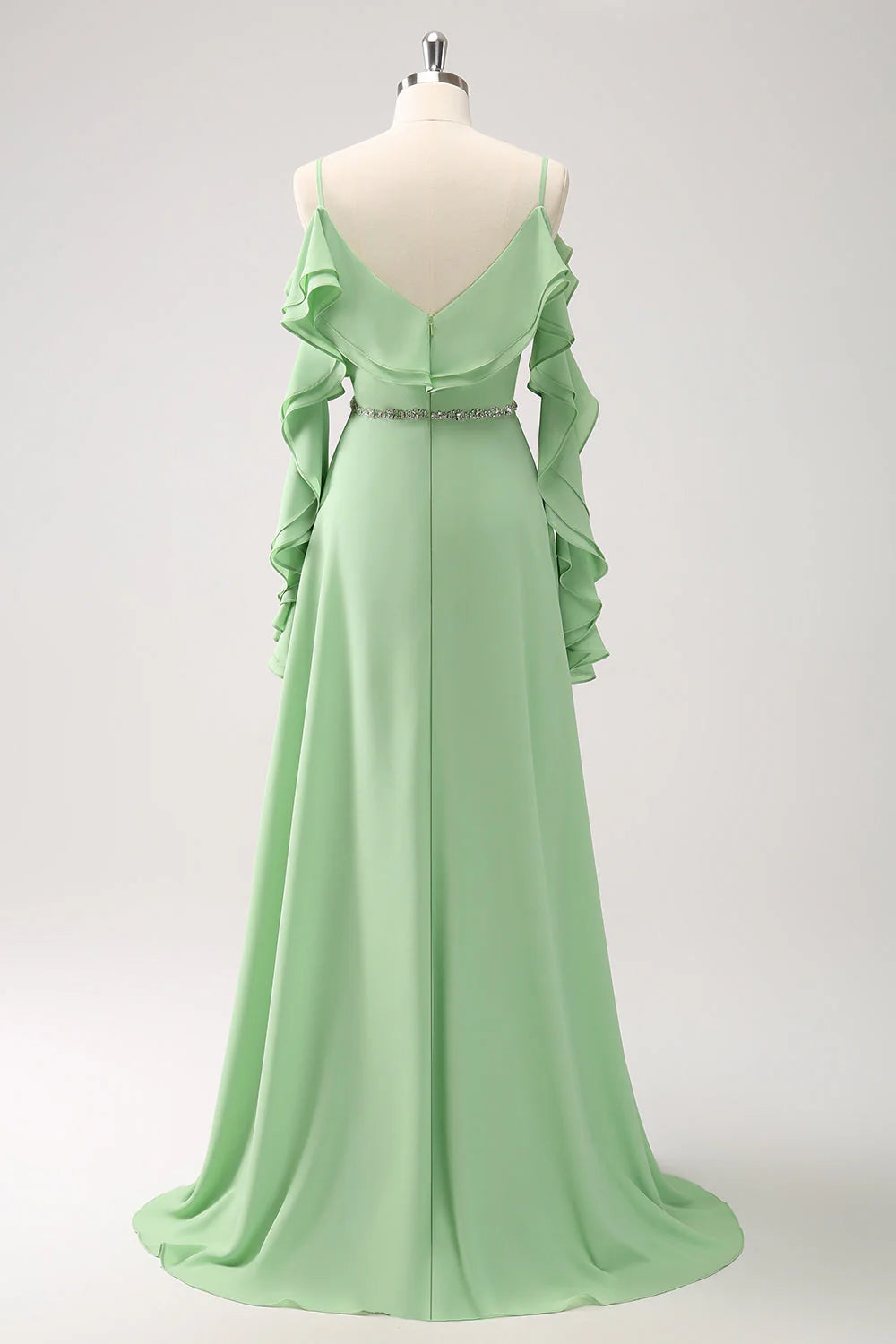 Elegant Romantic Fitted A-Line Cold Shoulder Long Sleeve Back Zipper Floor-Length Ruffled Evening Dresses