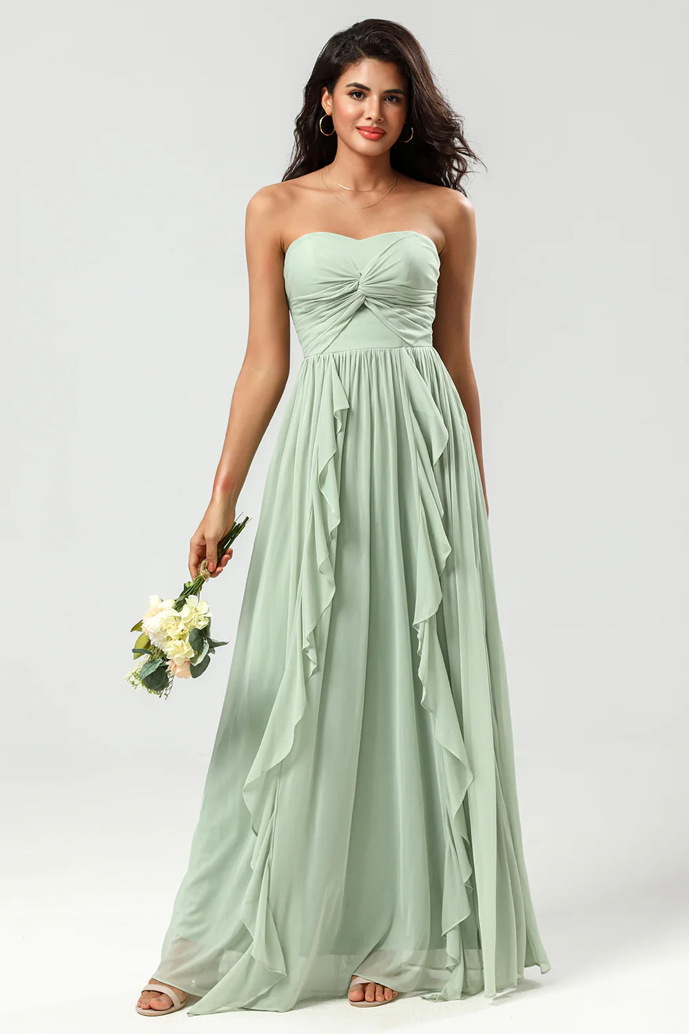 Elegant Romantic Fitted A-Line Strapless Back Zipper Floor-Length Ruffled Evening Dresses